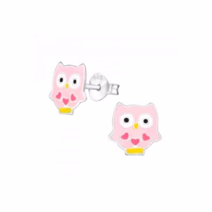 Kinderoorbellen zilver met roze uiltjes