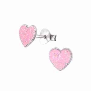 Kinderoorbellen zilver roze hartje met glitters