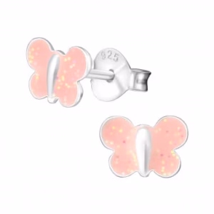 Oorstekers 8mm roze vlinders met glitters kinderoorbellen