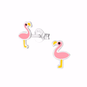 Zilveren oorstekers roze flamingo