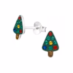 Zilveren oorsteker met kerstboom voor meisjes met kristallen