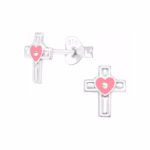 Cross ear studs pink heart