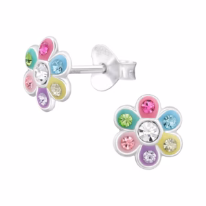 Bloemetjes oorbellen kleurtjes met kristallen 925 Sterling Silver