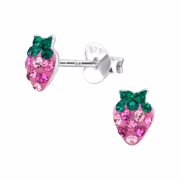 Oorstekers aardbeien met kristallen 925 sterling zilver