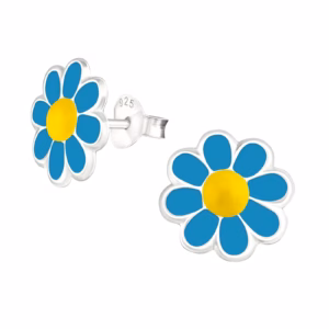 Zilveren oorstekers madeliefjes - blauw
