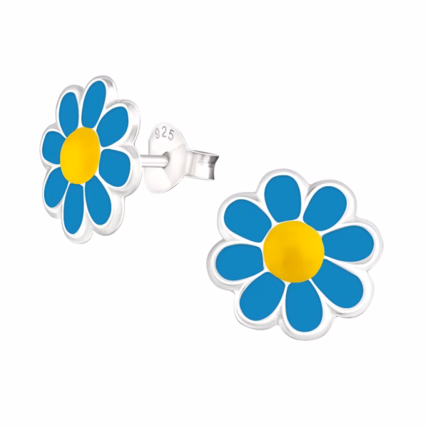 Zilveren oorstekers madeliefjes - blauw