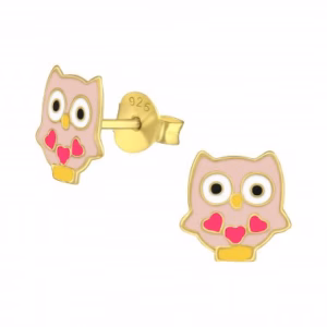 Gold plated oorbellen voor meisjes met roze uiltjes