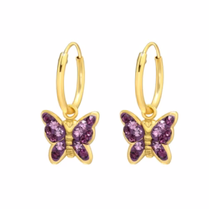 Gold plated hoops vlinder paars