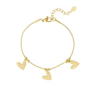 Glad armbandje gold plated met drie hartjes bedels