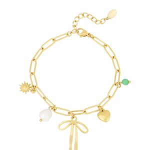 Schakelarmband met bedels en gold plated strikje