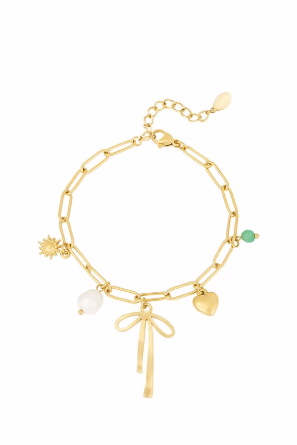 Schakelarmband met bedels en gold plated strikje