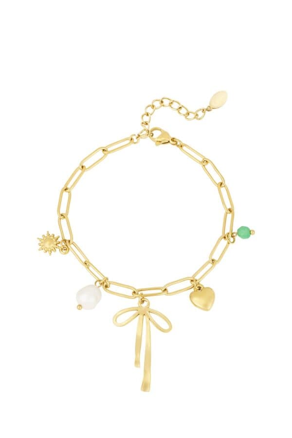 Schakelarmband met bedels en gold plated strikje