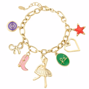 Gold plated schakelarmband met gekleurde bedels