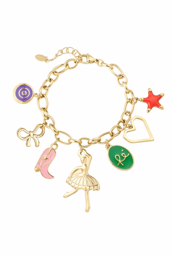 Gold plated schakelarmband met gekleurde bedels