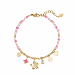 Kralenarmbandje roze - wit - goud