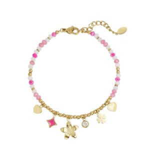 Kralenarmbandje roze - wit - goud