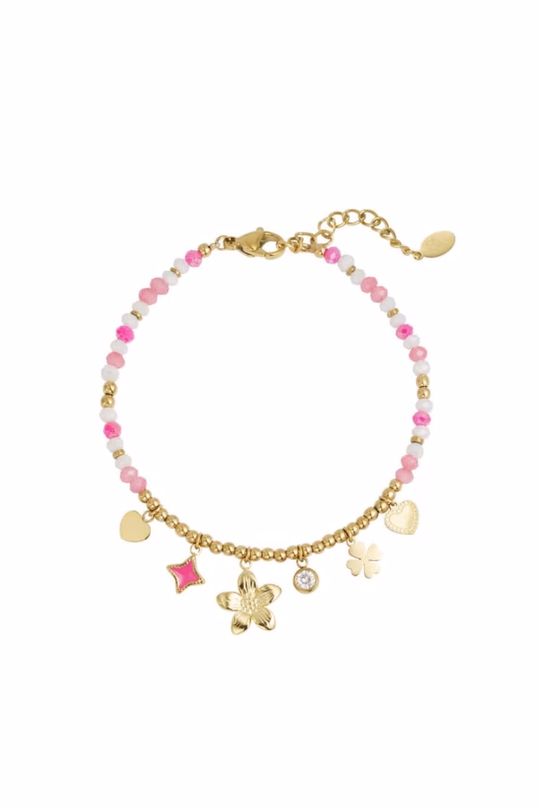 Kralenarmbandje roze - wit - goud