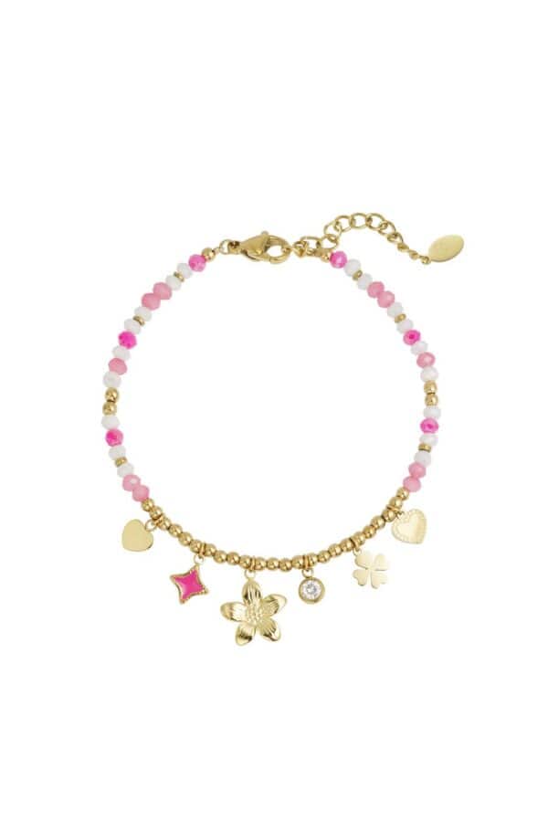 Kralenarmbandje roze - wit - goud