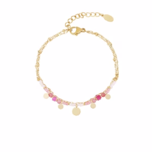 Gold plated dubbel armbandje met verschillende roze kralen en mini bedeltjes