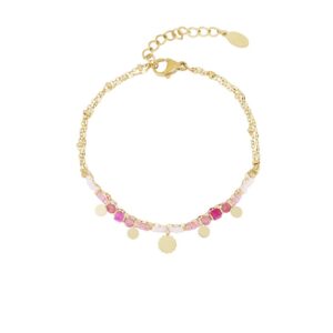 Gold plated dubbel armbandje met verschillende roze kralen en mini bedeltjes