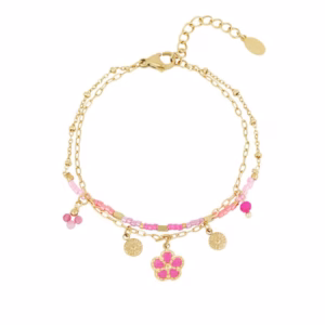 Dubbel armbandje gold plated met roze kraaltjes en bedeltjes