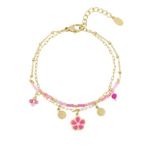 Dubbel armbandje gold plated met roze kraaltjes en bedeltjes