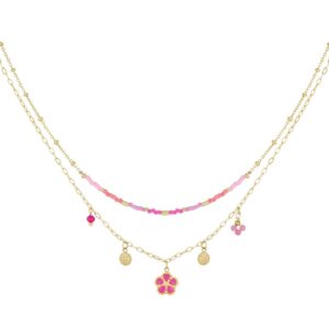 Dubbele fijne ketting met roze kraaltjes en bedels