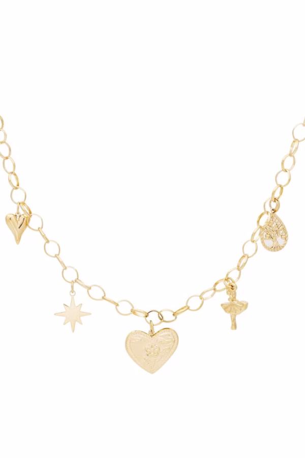 Schakelketting gold plated met hart en bedels